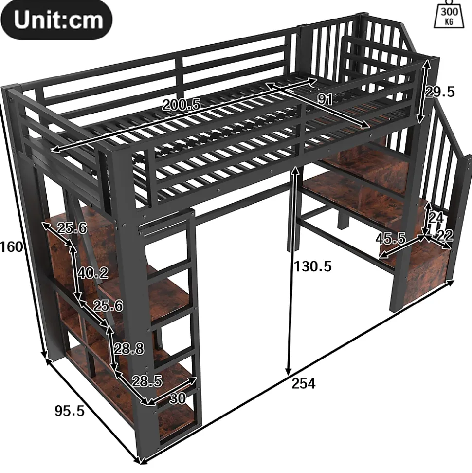 Lit Mezzanine 90x200 cm - Lit Ado Simple avec Escalier Intégré, LED et Rangement Sous le Lit - MDF et Métal - sans Matelas - Noir