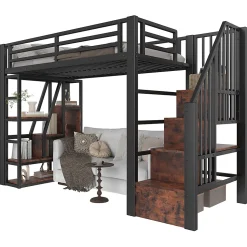 Lit Mezzanine 90x200 cm - Lit Ado Simple avec Escalier Intégré, LED et Rangement Sous le Lit - MDF et Métal - sans Matelas - Noir