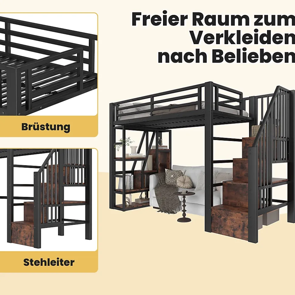 Lit Mezzanine 90x200 cm - Lit Ado Simple avec Escalier Intégré, LED et Rangement Sous le Lit - MDF et Métal - sans Matelas - Noir
