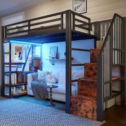 Lit Mezzanine 90x200 cm - Lit Ado Simple avec Escalier Intégré, LED et Rangement Sous le Lit - MDF et Métal - sans Matelas - Noir