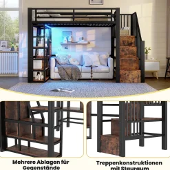 Lit Mezzanine 90x200 cm - Lit Ado Simple avec Escalier Intégré, LED et Rangement Sous le Lit - MDF et Métal - sans Matelas - Noir