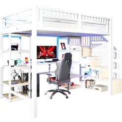 Lit Mezzanine 140x200 cm - Lit Ado Double avec Bureau, Escalier Rangement et LED - Métal et MDF - sans Matelas - Blanc