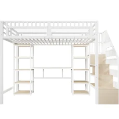 Lit Mezzanine 140x200 cm - Lit Ado Double avec Bureau, Escalier Rangement et LED - Métal et MDF - sans Matelas - Blanc