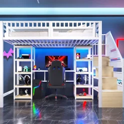 Lit Mezzanine 140x200 cm - Lit Ado Double avec Bureau, Escalier Rangement et LED - Métal et MDF - sans Matelas - Blanc