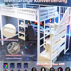 Lit Mezzanine 140x200 cm - Lit Ado Double avec Bureau, Escalier Rangement et LED - Métal et MDF - sans Matelas - Blanc