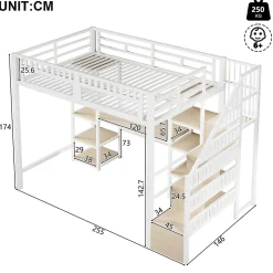 Lit Mezzanine 140x200 cm - Lit Ado Double avec Bureau, Escalier Rangement et LED - Métal et MDF - sans Matelas - Blanc