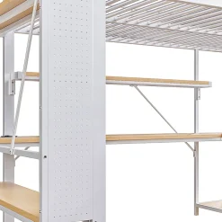Lit Mezzanine 140x200 cm - Lit Ado avec Bureau Intégré, LED et Ports USB, Panneau Perforé et Rangement, Métal + MDF, Blanc