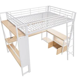 Lit Mezzanine 140x200 cm - Lit Ado avec Bureau Intégré, LED et Ports USB, Panneau Perforé et Rangement, Métal + MDF, Blanc