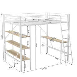 Lit mezzanine 90x200 cm - Lit avec bureau intégré - Structure métal - Sans matelas - Blanc