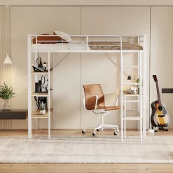 Lit mezzanine 90x200 cm - Lit avec bureau intégré - Structure métal - Sans matelas - Blanc