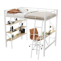 Lit mezzanine 90x200 cm - Lit avec bureau intégré - Structure métal - Sans matelas - Blanc