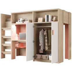 Lit Mezzanine 90x200 cm - Lit Ado avec Bureau et Armoire Intégrés, Échelle et LED - Sommier Inclus - Sans Matelas - Bois Naturel