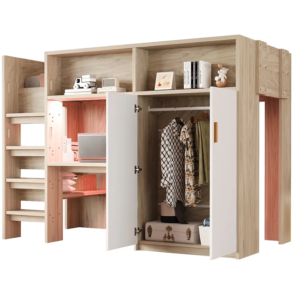 Lit Mezzanine 90x200 cm - Lit Ado avec Bureau et Armoire Intégrés, Échelle et LED - Sommier Inclus - Sans Matelas - Bois Naturel