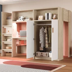 Lit Mezzanine 90x200 cm - Lit Ado avec Bureau et Armoire Intégrés, Échelle et LED - Sommier Inclus - Sans Matelas - Bois Naturel