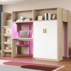 Lit Mezzanine 90x200 cm - Lit Ado avec Bureau et Armoire Intégrés, Échelle et LED - Sommier Inclus - Sans Matelas - Bois Naturel