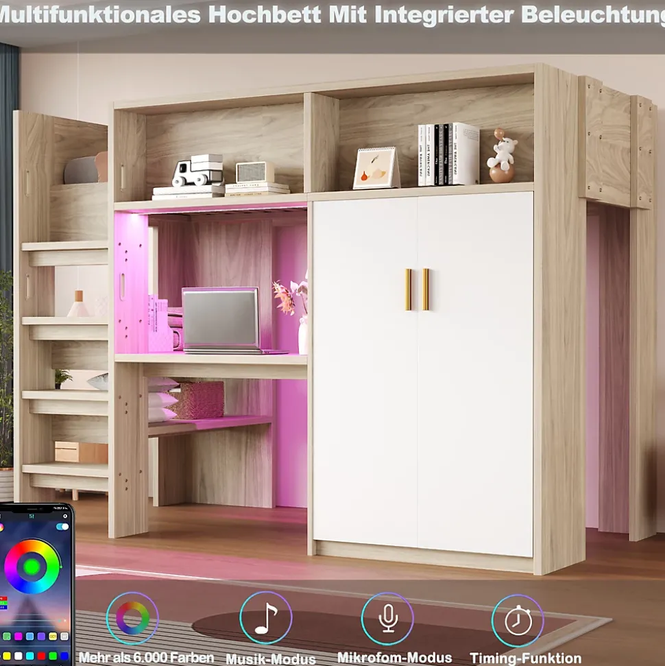 Lit Mezzanine 90x200 cm - Lit Ado avec Bureau et Armoire Intégrés, Échelle et LED - Sommier Inclus - Sans Matelas - Bois Naturel