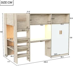 Lit Mezzanine 90x200 cm - Lit Ado avec Bureau et Armoire Intégrés, Échelle et LED - Sommier Inclus - Sans Matelas - Bois Naturel