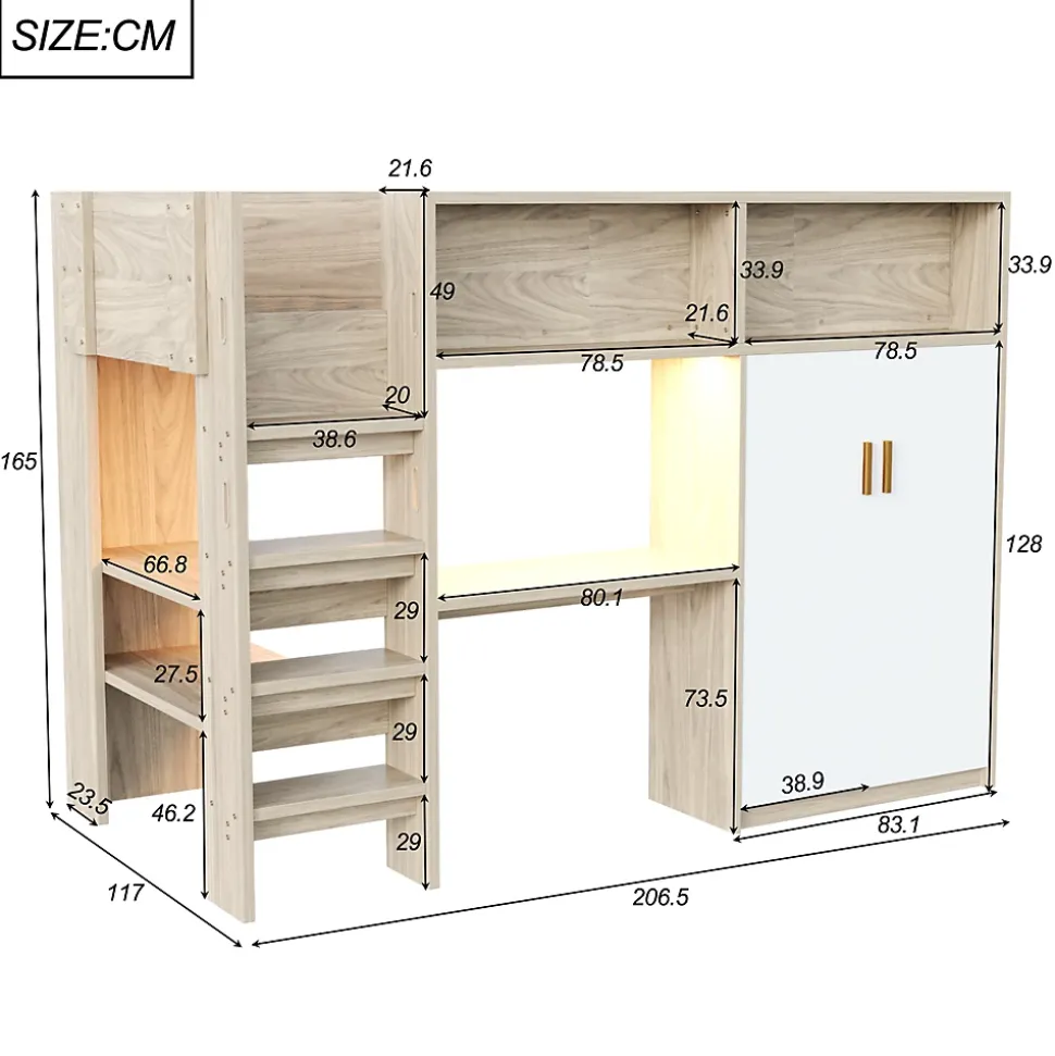 Lit Mezzanine 90x200 cm - Lit Ado avec Bureau et Armoire Intégrés, Échelle et LED - Sommier Inclus - Sans Matelas - Bois Naturel