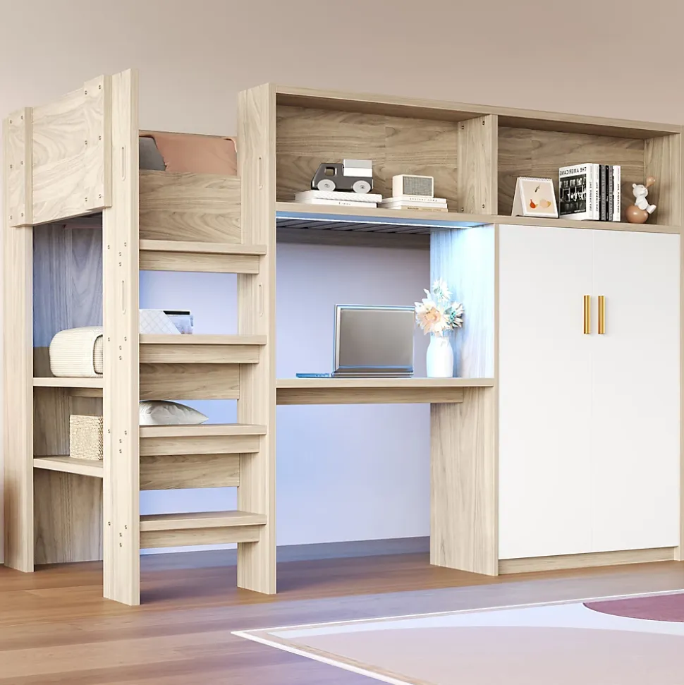 Lit Mezzanine 90x200 cm - Lit Ado avec Bureau et Armoire Intégrés, Échelle et LED - Sommier Inclus - Sans Matelas - Bois Naturel