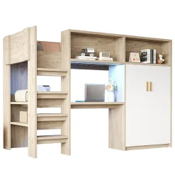 Lit Mezzanine 90x200 cm - Lit Ado avec Bureau et Armoire Intégrés, Échelle et LED - Sommier Inclus - Sans Matelas - Bois Naturel