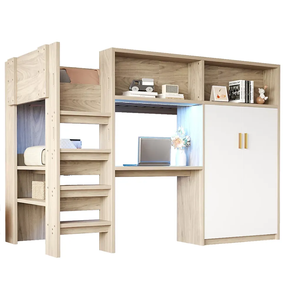 Lit Mezzanine 90x200 cm - Lit Ado avec Bureau et Armoire Intégrés, Échelle et LED - Sommier Inclus - Sans Matelas - Bois Naturel