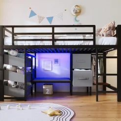 Lit Mezzanine 90x200 cm - Lit Ado avec LED Intégrée, Tiroirs en Tissu et Crochets pour Vêtements, en Métal - Sans Matelas Noir