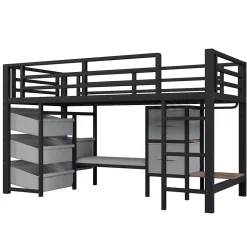 Lit Mezzanine 90x200 cm - Lit Ado avec LED Intégrée, Tiroirs en Tissu et Crochets pour Vêtements, en Métal - Sans Matelas Noir