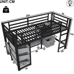 Lit Mezzanine 90x200 cm - Lit Ado avec LED Intégrée, Tiroirs en Tissu et Crochets pour Vêtements, en Métal - Sans Matelas Noir