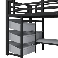 Lit Mezzanine 90x200 cm - Lit Ado avec LED Intégrée, Tiroirs en Tissu et Crochets pour Vêtements, en Métal - Sans Matelas Noir