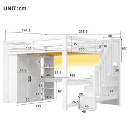 Lit Mezzanine 140x200 cm - Lit Adulte avec Bureau et Armoire, Escalier de Rangement, LED et USB - sans Matelas - Blanc