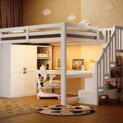 Lit Mezzanine 140x200 cm - Lit Adulte avec Bureau et Armoire, Escalier de Rangement, LED et USB - sans Matelas - Blanc