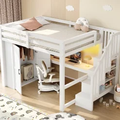 Lit Mezzanine 140x200 cm - Lit Adulte avec Bureau et Armoire, Escalier de Rangement, LED et USB - sans Matelas - Blanc