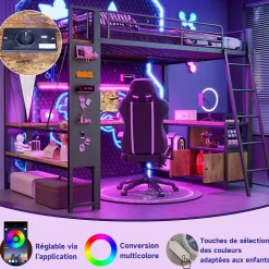 Lit Mezzanine 140x200 cm - Lit Ado avec Bureau Intégré, LED et Ports USB, Panneau Perforé et Rangement, Métal + MDF, Noir