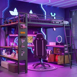 Lit Mezzanine 140x200 cm - Lit Ado avec Bureau Intégré, LED et Ports USB, Panneau Perforé et Rangement, Métal + MDF, Noir