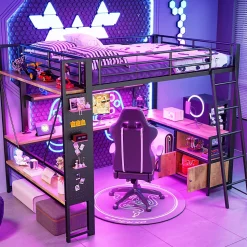 Lit Mezzanine 140x200 cm - Lit Ado avec Bureau Intégré, LED et Ports USB, Panneau Perforé et Rangement, Métal + MDF, Noir