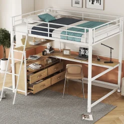 Lit Mezzanine 140x200 cm - Lit avec Rangement et Bureau en L, Lit Junior en Métal, Sans Matelas - Blanc