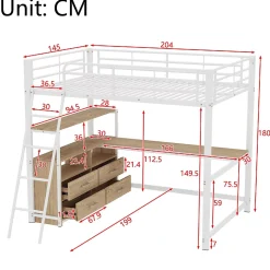 Lit Mezzanine 140x200 cm - Lit avec Rangement et Bureau en L, Lit Junior en Métal, Sans Matelas - Blanc