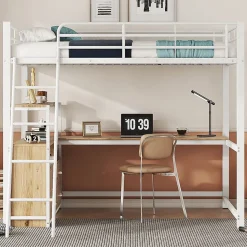 Lit Mezzanine 140x200 cm - Lit avec Rangement et Bureau en L, Lit Junior en Métal, Sans Matelas - Blanc
