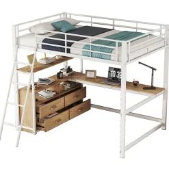 Lit Mezzanine 140x200 cm - Lit avec Rangement et Bureau en L, Lit Junior en Métal, Sans Matelas - Blanc