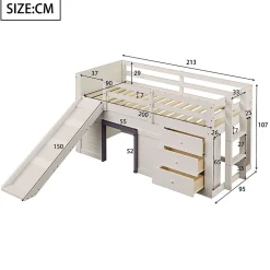 Lit mezzanine 90x200 cm - Lit avec rangement et toboggan - MDF et Pin - Sans matelas - Crème