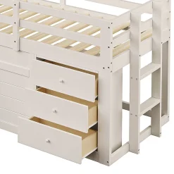 Lit mezzanine 90x200 cm - Lit avec rangement et toboggan - MDF et Pin - Sans matelas - Crème