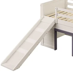 Lit mezzanine 90x200 cm - Lit avec rangement et toboggan - MDF et Pin - Sans matelas - Crème