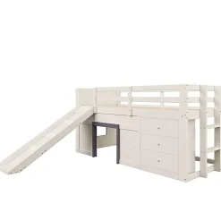 Lit mezzanine 90x200 cm - Lit avec rangement et toboggan - MDF et Pin - Sans matelas - Crème