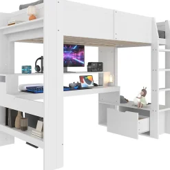 Lit mezzanine 90x200 cm - Lit avec bureau intégré et LED 16 s - Pin et MDF - Sans matelas - Blanc