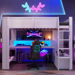 Lit mezzanine 90x200 cm - Lit avec bureau intégré et LED 16 s - Pin et MDF - Sans matelas - Blanc