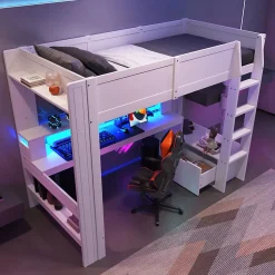 Lit mezzanine 90x200 cm - Lit avec bureau intégré et LED 16 s - Pin et MDF - Sans matelas - Blanc