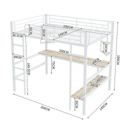 Lit mezzanine 140x200 cm - Lit avec bureau et étagères - Métal + MDF - Sans matelas - Blanc