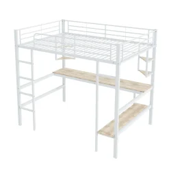 Lit mezzanine 140x200 cm - Lit avec bureau et étagères - Métal + MDF - Sans matelas - Blanc