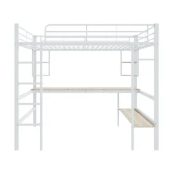 Lit mezzanine 140x200 cm - Lit avec bureau et étagères - Métal + MDF - Sans matelas - Blanc