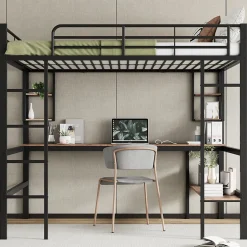 Lit mezzanine 140x200 cm - Lit avec bureau et étagères - Métal + MDF - Sans matelas - Noir